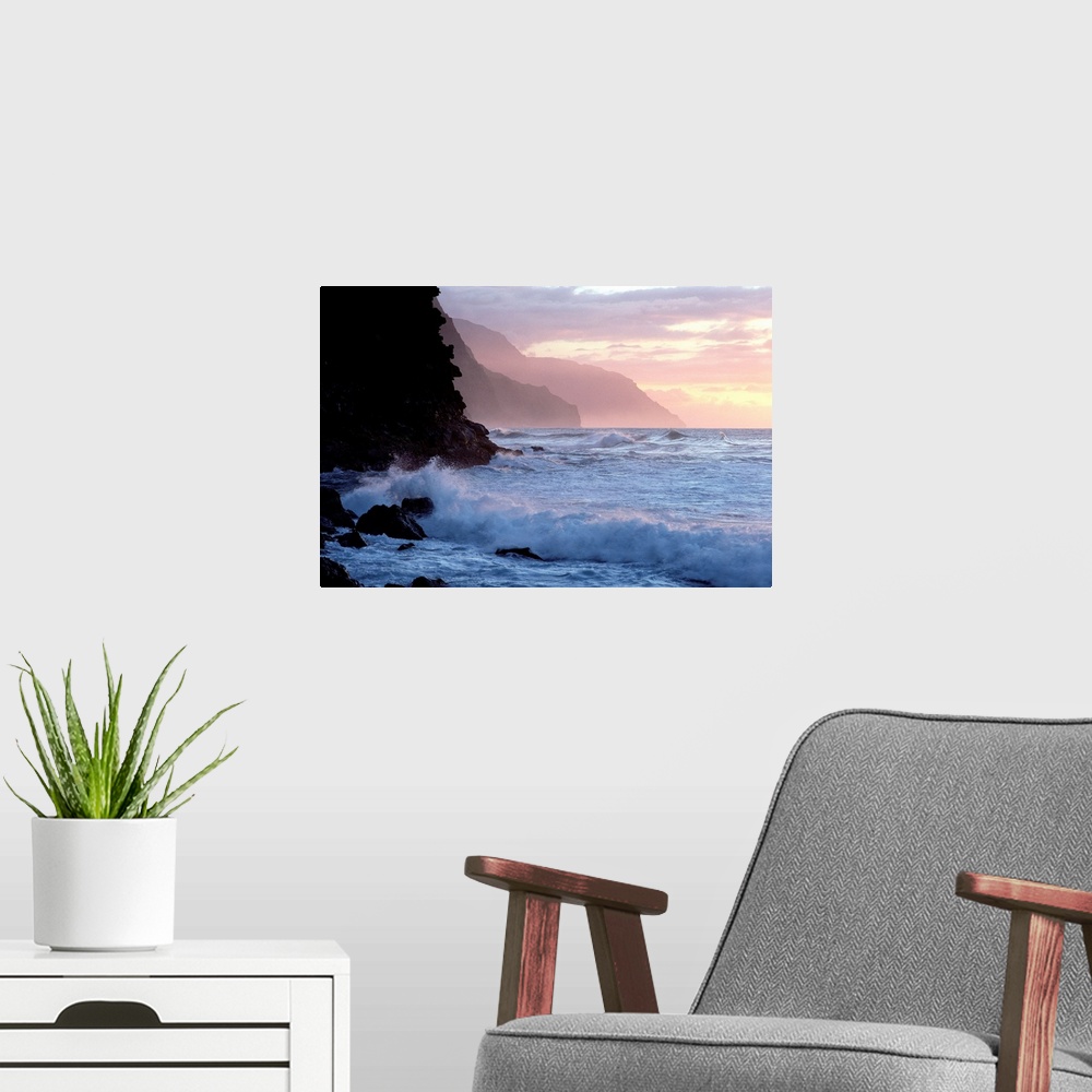 A modern room featuring Hawaii, Kauai, Na Pali Coast, At Twilight, Rough Turbulent Ocean