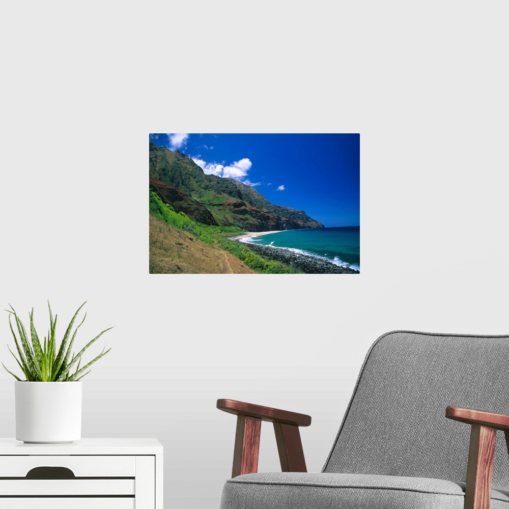 A modern room featuring Hawaii, Kauai, Na Pali Coast, Trail Ending At Kalalau Beach, Blue Skies