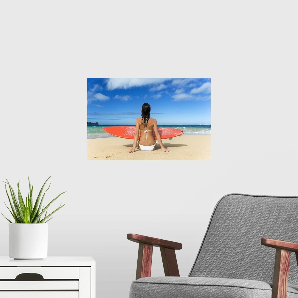 A modern room featuring Hawaii, Kauai, Woman Sitting On Beach With Surfboard