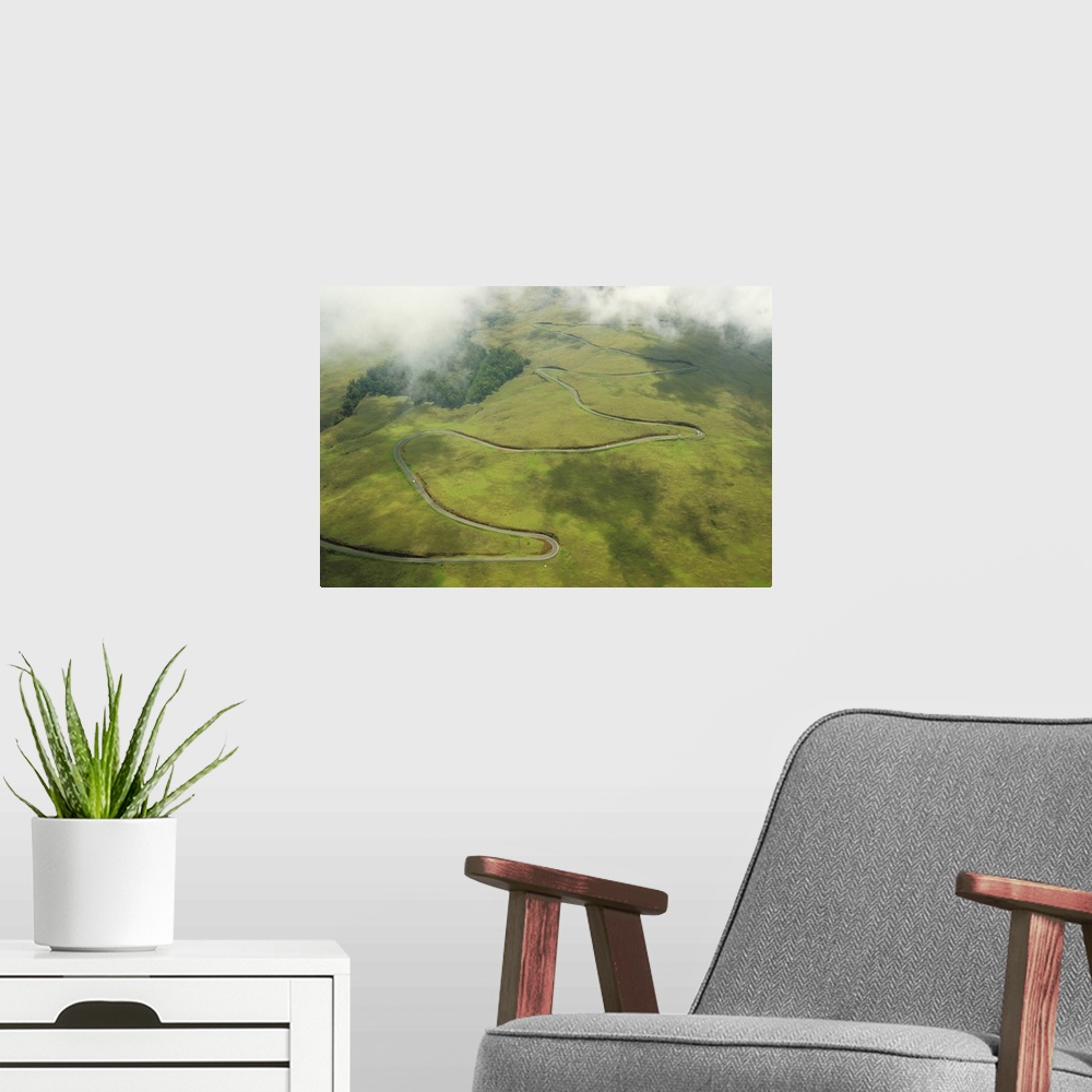 A modern room featuring Hawaii, Maui, Haleakala Crater, Aerial View Of A Road Winding Up A Hill
