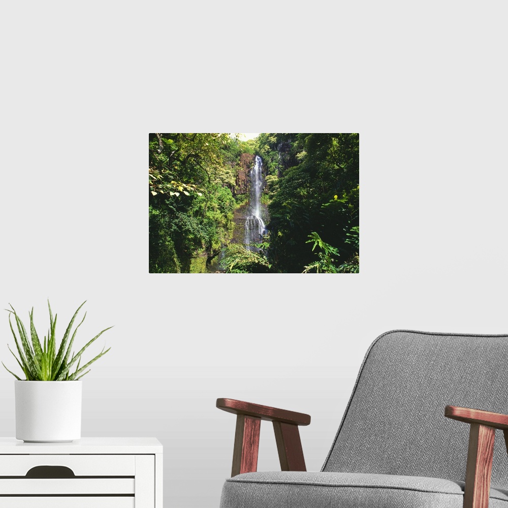 A modern room featuring Hawaii, Maui, Hana Coast, Waterfall Surrounded By Lush Greenery