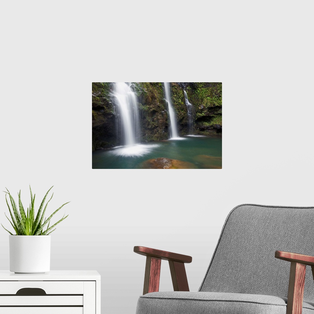 A modern room featuring Hawaii, Maui, Hana, The Three Waikani Falls With A Clear Blue Pond On The Road To Hana