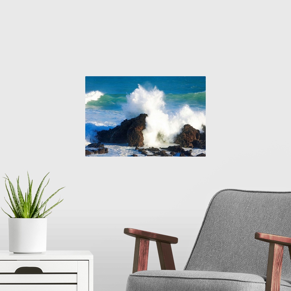 A modern room featuring Hawaii, Maui, Ho'okipa, Big Winter Surf Crashing On Rocks