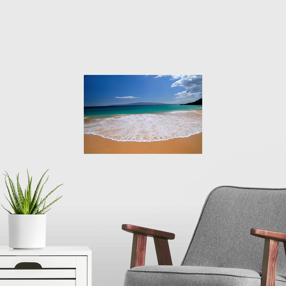 A modern room featuring Tide wave rolling up on the sandy beach as a Hawaiian mountain looms in the background.
