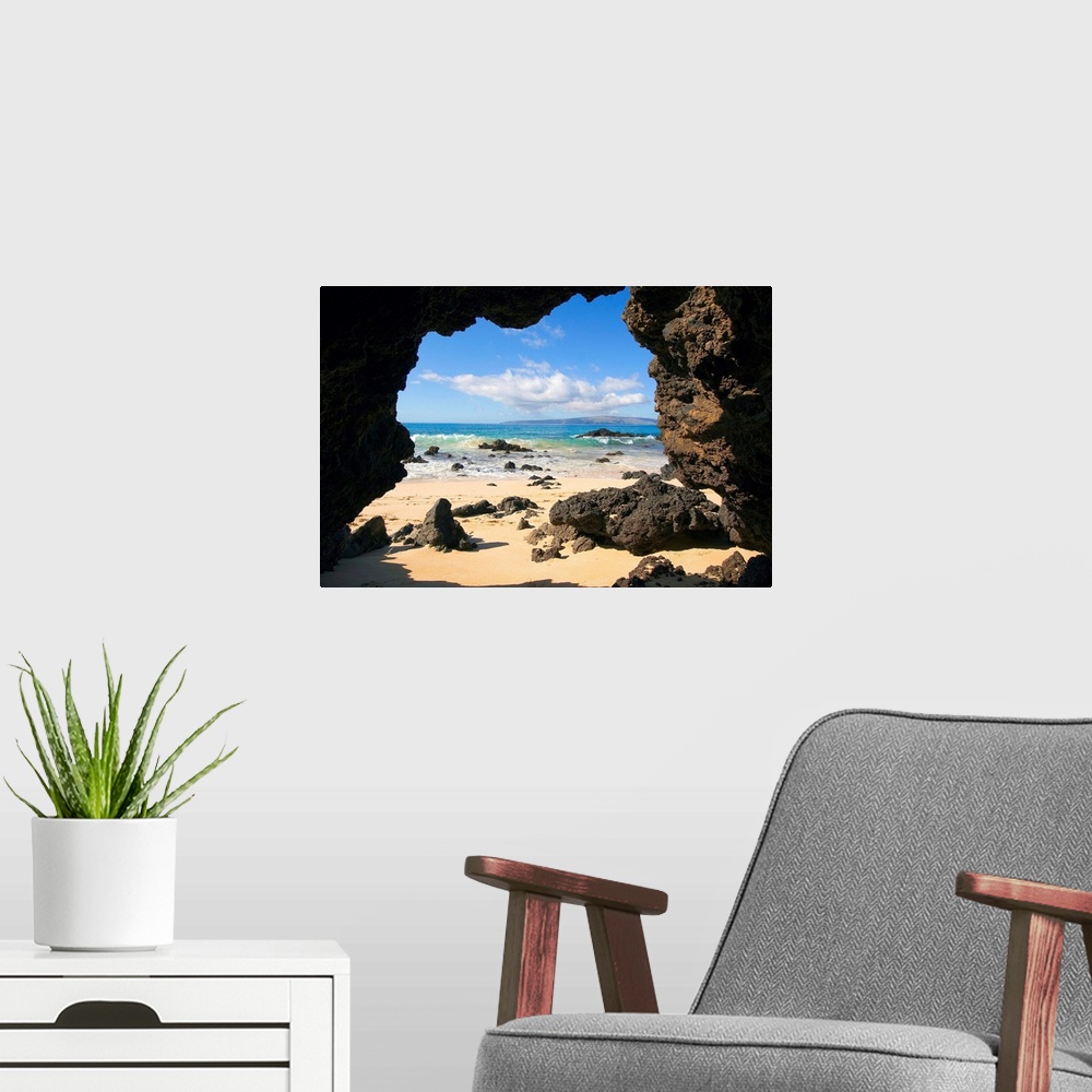 A modern room featuring Hawaii, Maui, Makena, View From Secret Beach Of Kahoolawe Framed By Lava Tube