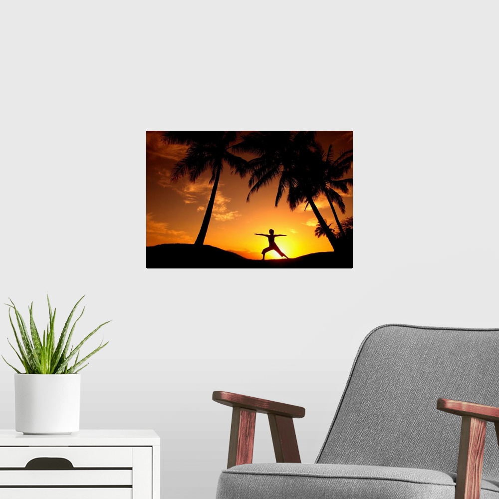 A modern room featuring Hawaii, Maui, Olowalu, Woman Doing Yoga At Sunset Under Palm Tree