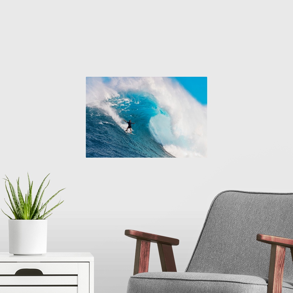 A modern room featuring Hawaii, Maui, Peahi Or Jaws, Surfer On A Huge Wave