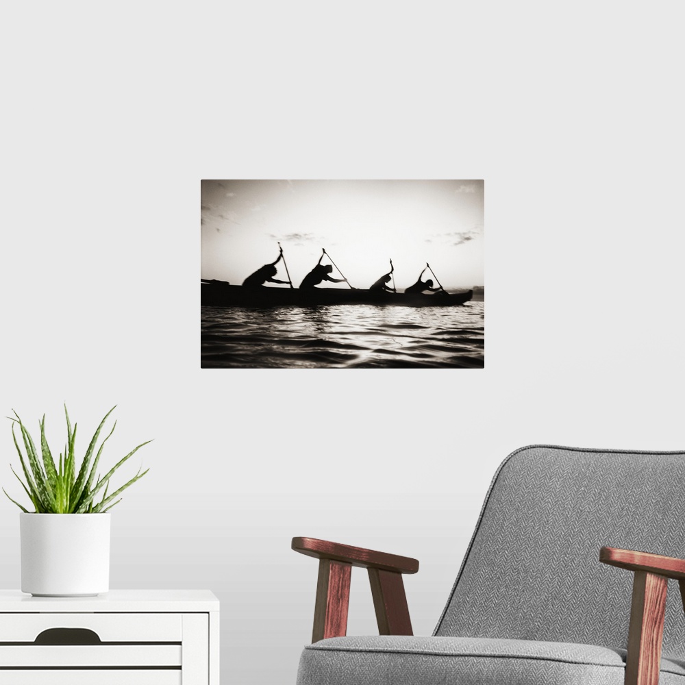 A modern room featuring Hawaii, Molokai To Oahu Canoe Race, Paddlers Silhouetted At Sunset (Black And White Photograph).