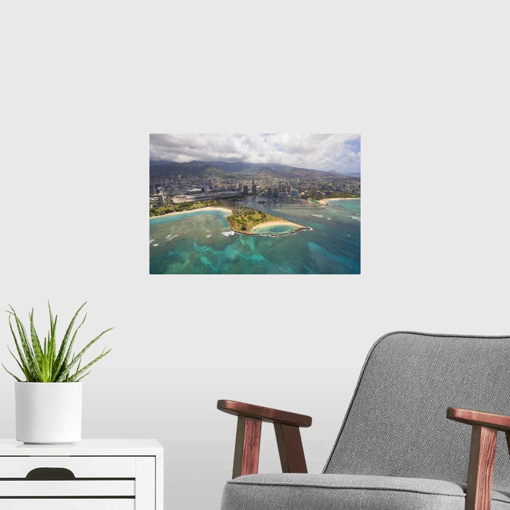 A modern room featuring Hawaii, Oahu, Honolulu, Aerial Of Magic Island, Ala Wai Yacht Basin
