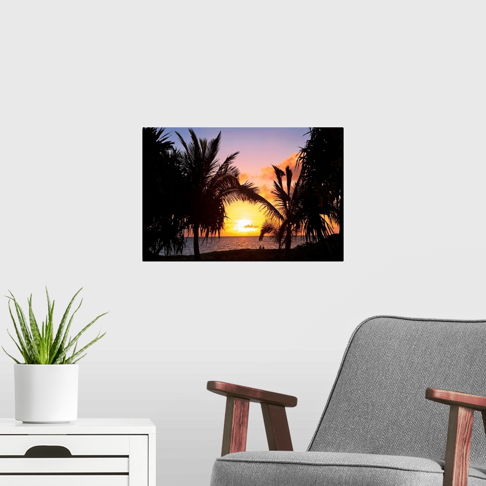 A modern room featuring Hawaii, Oahu, Kailua, Lanikai, Vibrant sunset with a couple on beach