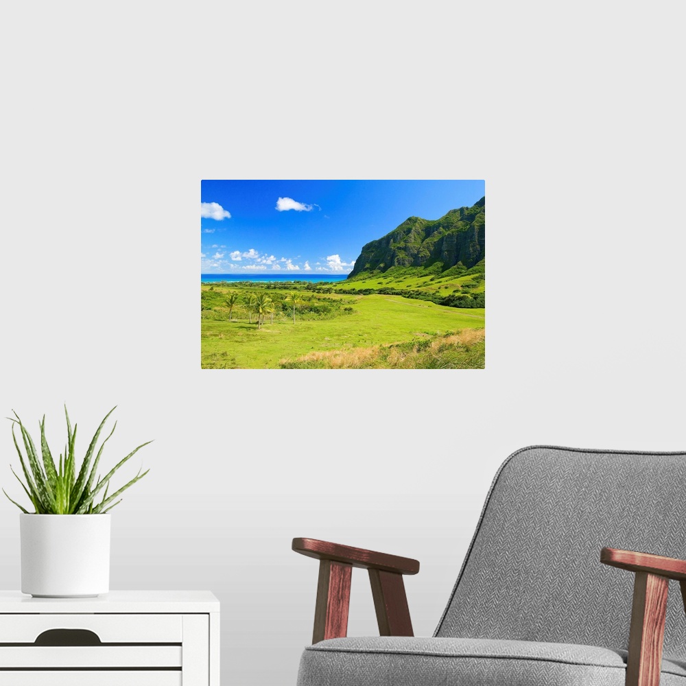 A modern room featuring Hawaii, Oahu, Kualoa Ranch, Mountains And Ocean In Distance