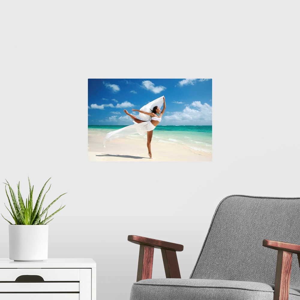 A modern room featuring Hawaii, Oahu, Lanikai Beach, Female Ballet Dancer On Beach With White Flowing Fabric