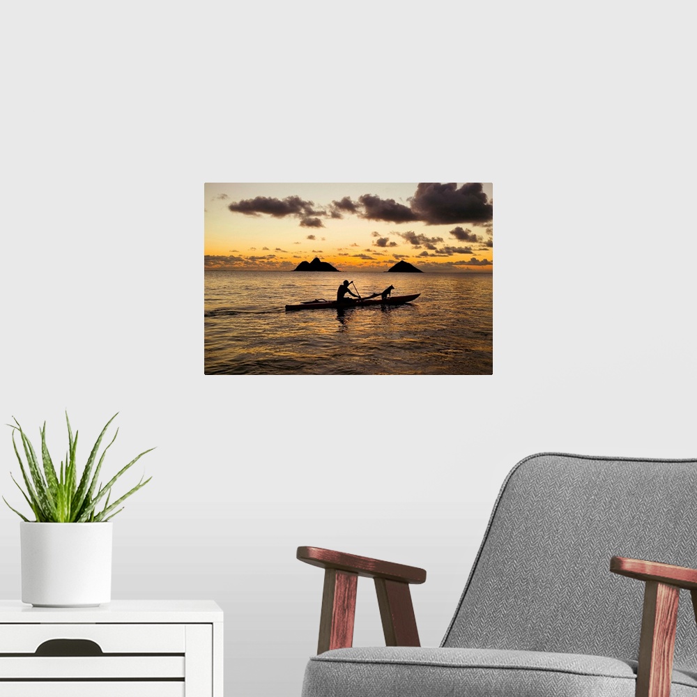 A modern room featuring Hawaii, Oahu, Lanikai, Man And Dog On A One-Man Outrigger Canoe