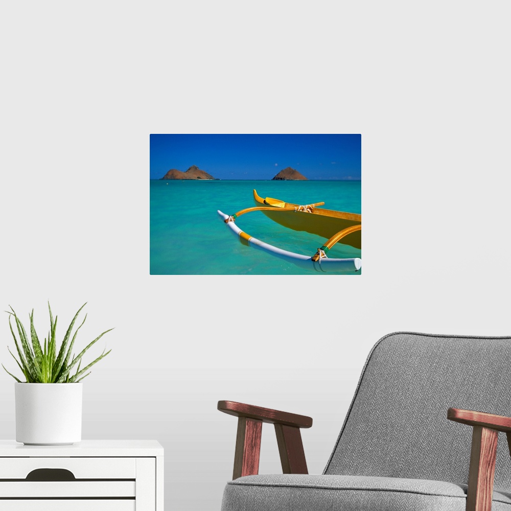 A modern room featuring Hawaii, Oahu, Lanikai, Outrigger Canoe In Turquoise Ocean