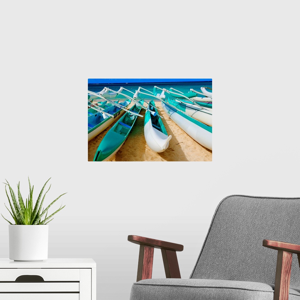 A modern room featuring Hawaii, Oahu, Lanikai, Outrigger Canoes Stacked Along The Beach