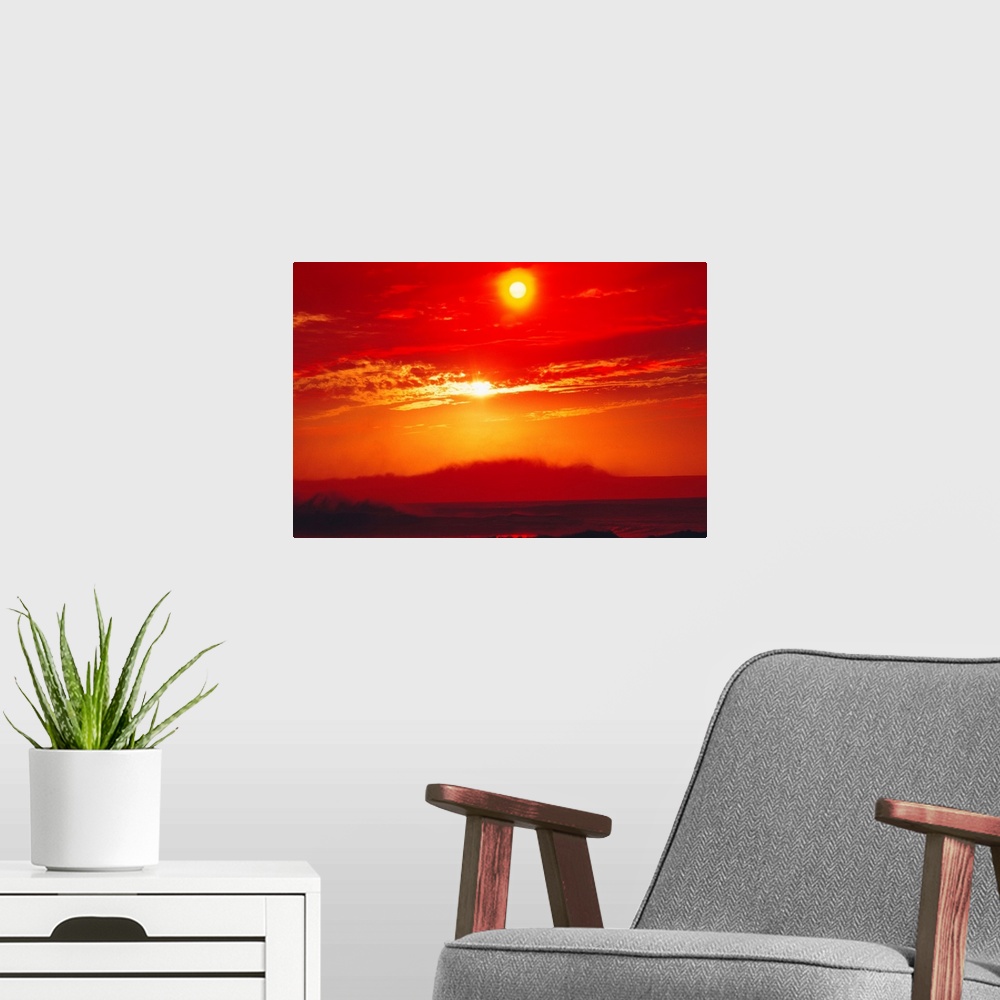 A modern room featuring Hawaii, Oahu, North Shore, Sunset, Orange Skies, Big Waves Silhouetted