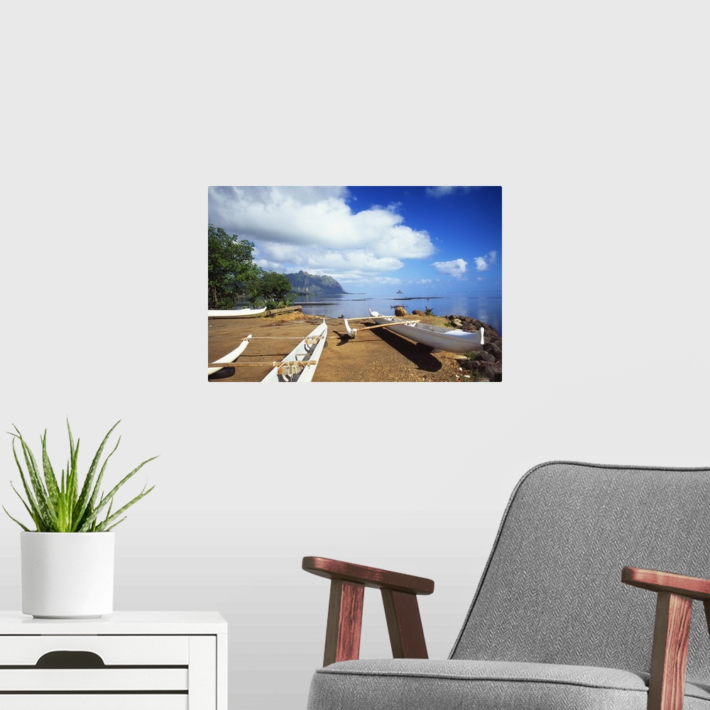 A modern room featuring Hawaii, Oahu, Waiahole, Outrigger Canoes On Beach, Turquoise Water