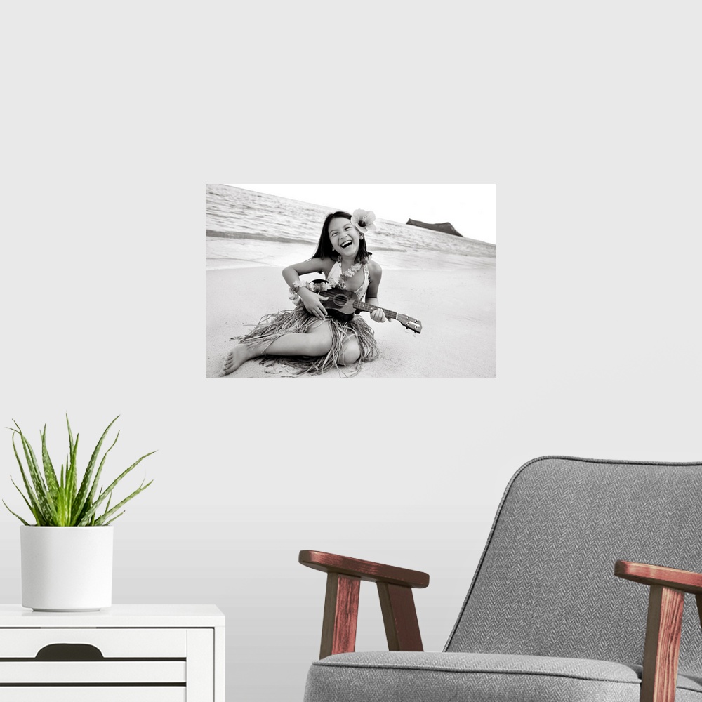 A modern room featuring Hawaii, Oahu, Young Girl Smiling And Playing Ukulele On The Beach In A Hula Skirt