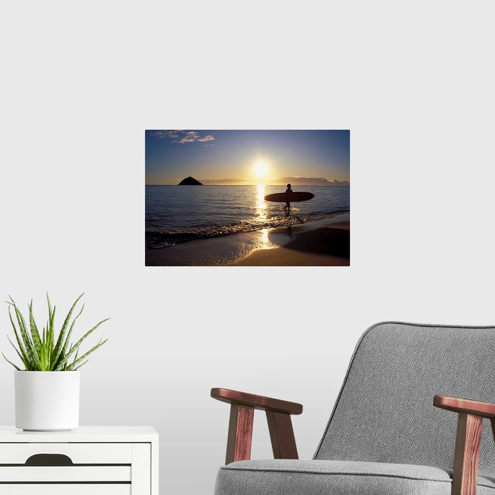 A modern room featuring Hawaii, Silhouetted Surfer On Shore At Sunrise