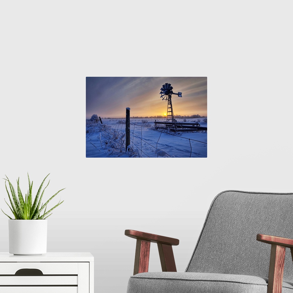 A modern room featuring Hoar Frost On A Foggy Winter Sunset, Alberta, Canada