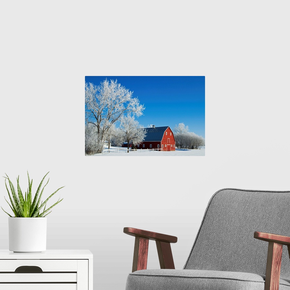 A modern room featuring Hoarfrost And Red Barn, Grande Pointe, Manitoba, Canada