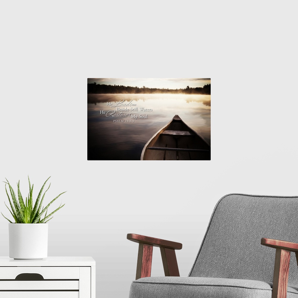 A modern room featuring Image Of A Canoe On A Tranquil Lake With Fog At Sunrise And Scripture From Psalm 23:2-3