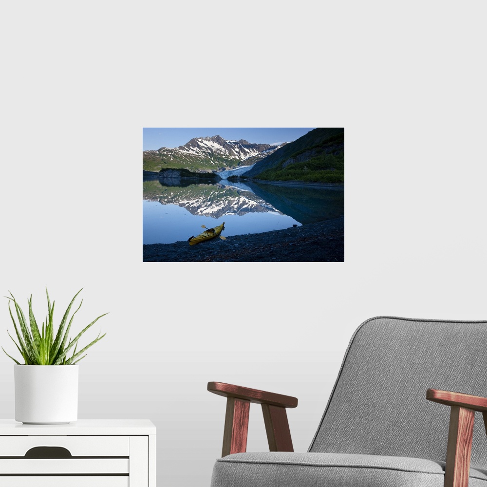 A modern room featuring Kayak On The Beach In Shoup Bay With Shoup Glacier Reflected In The Water, Prince William Sound, ...