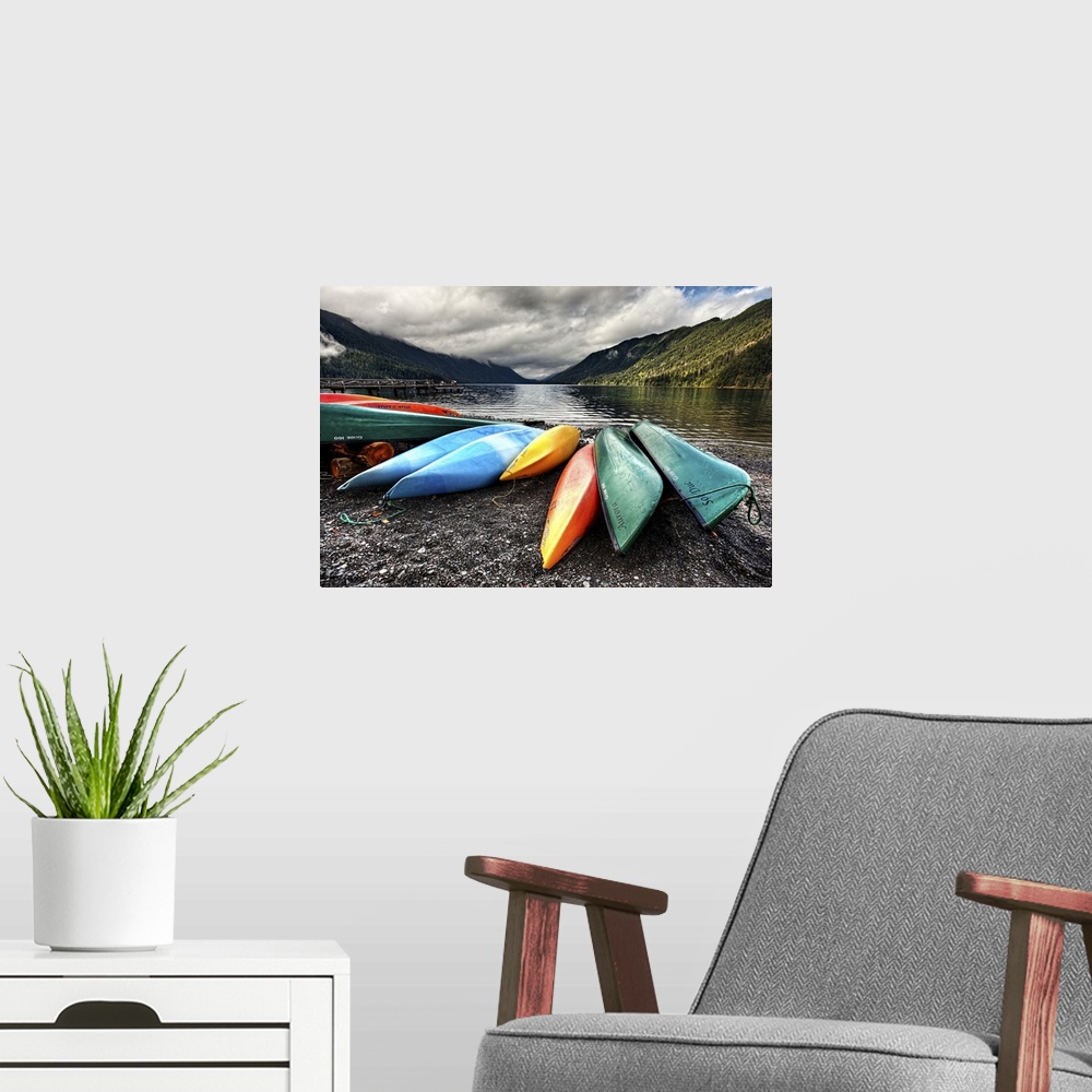A modern room featuring Kayaks on the shore of Lake Crescent.