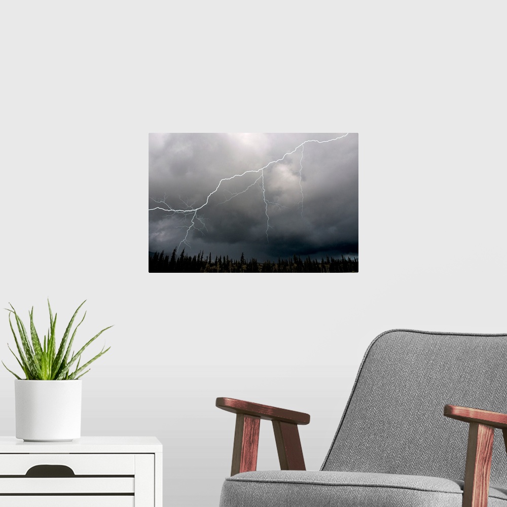 A modern room featuring Lightning strike and storm over the Alcan Highway, Yukon Territory, Canada, Summer