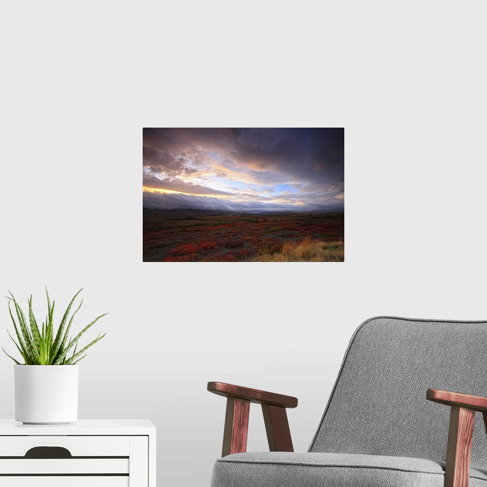 A modern room featuring Low Clouds At Sunrise At The Arctic Circle, Yukon