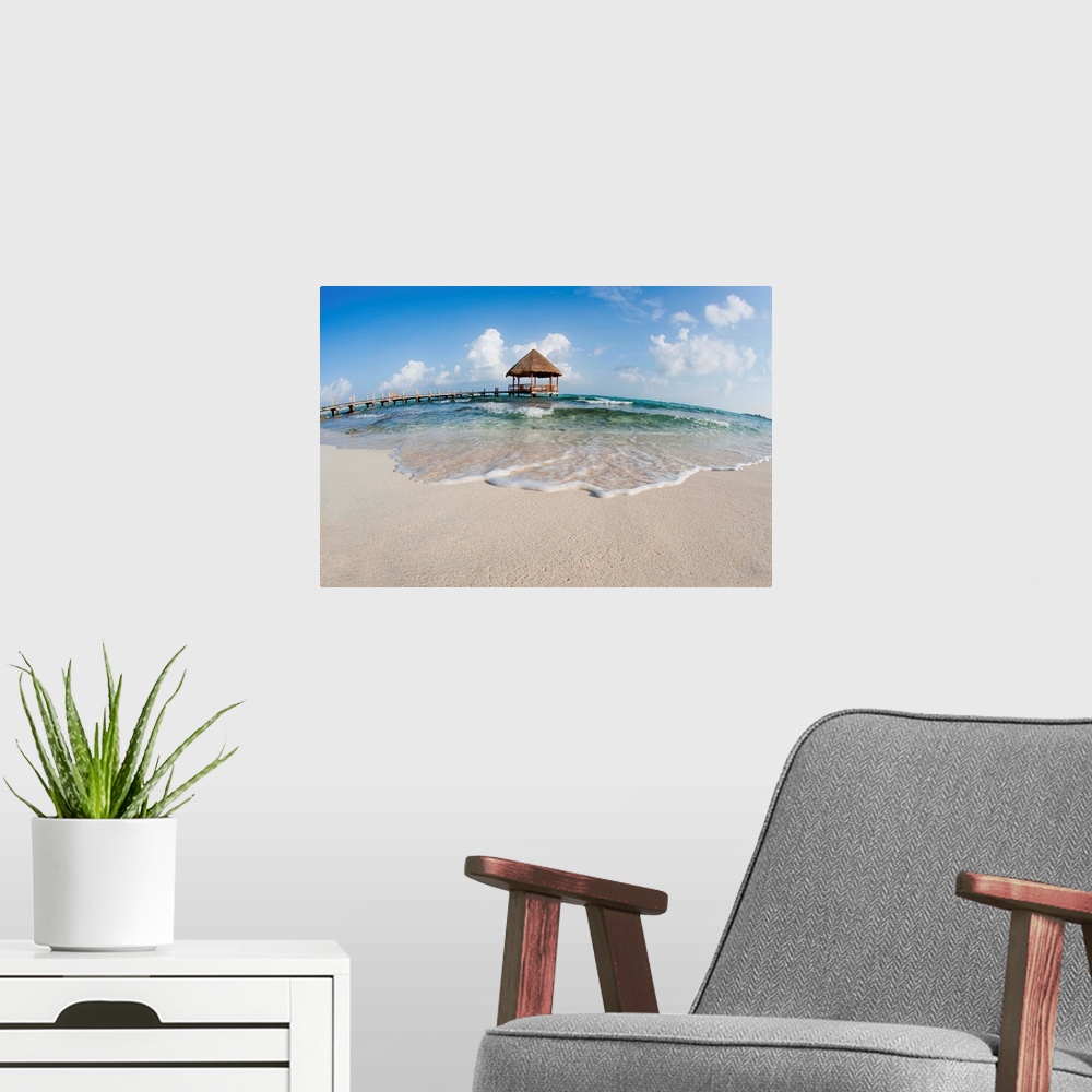 A modern room featuring Mexico, Yucatan Peninsula, Tulum, Pier Over Turquoise Ocean