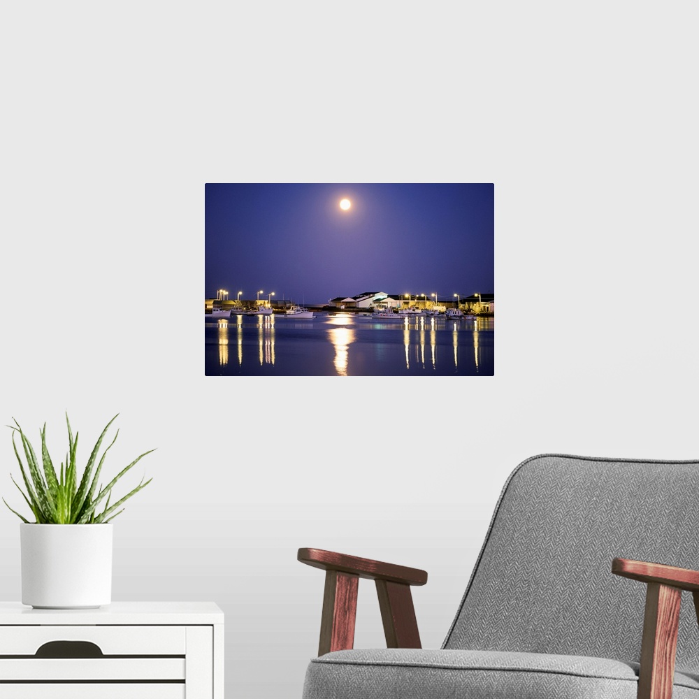 A modern room featuring Moonrise Over Fishing Boats, Graham Pond, Prince Edward Island, Canada