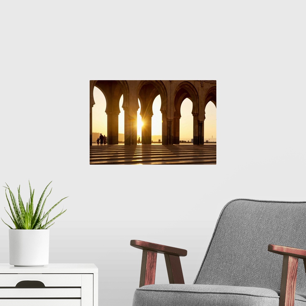 A modern room featuring Morocco, Archways of Hassan II mosque at dusk, Casablanca