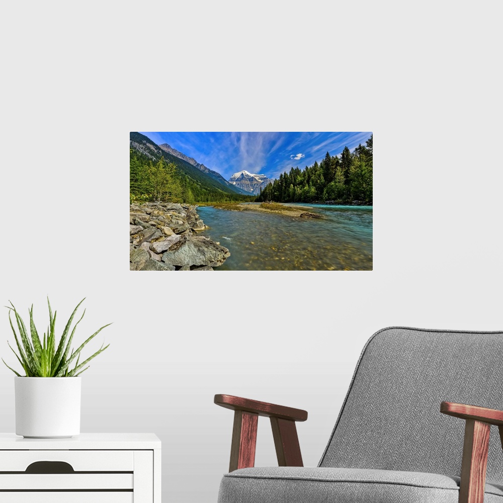A modern room featuring Mount Robson, Mount Robson Provincial Park, Canadian Rockies; British Columbia, Canada