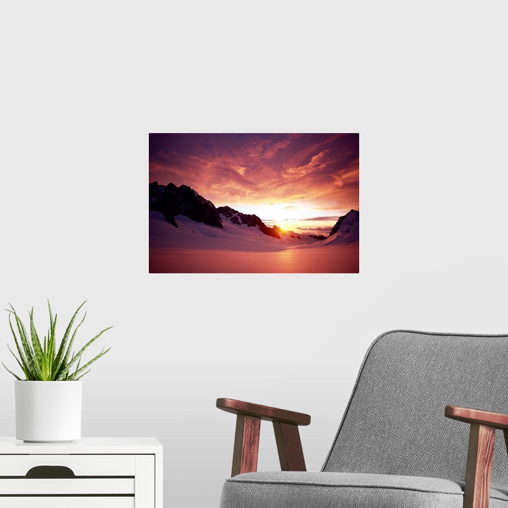 A modern room featuring New Zealand, South Island, Mount Cook, Sunset Atop Glacier