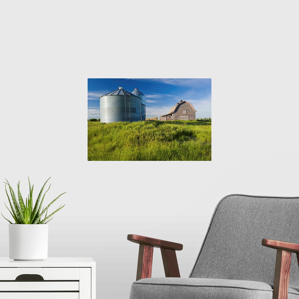 A modern room featuring Old Barn With Metal Grain Bins, Ponteix, Saskatchewan, Canada
