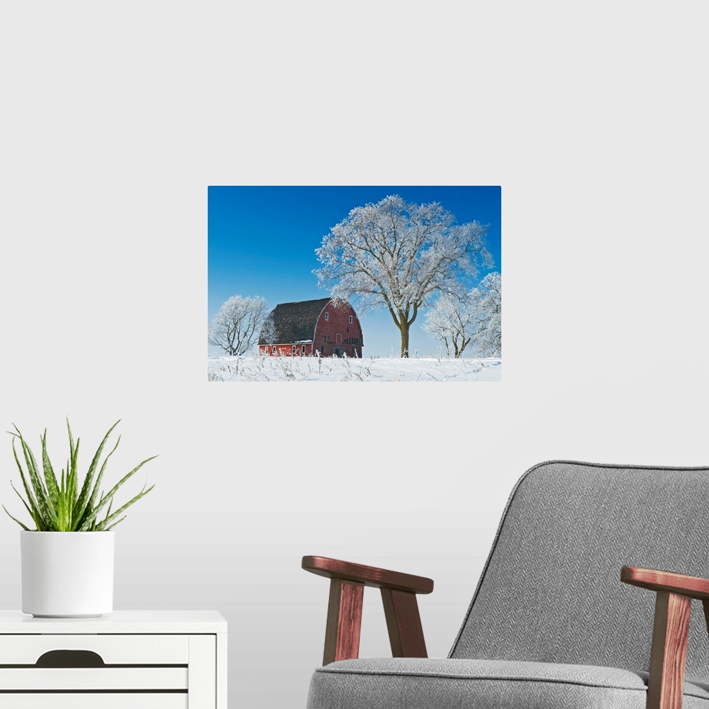 A modern room featuring Old Red Barn In Winter, Near Oakbank, Manitoba, Canada