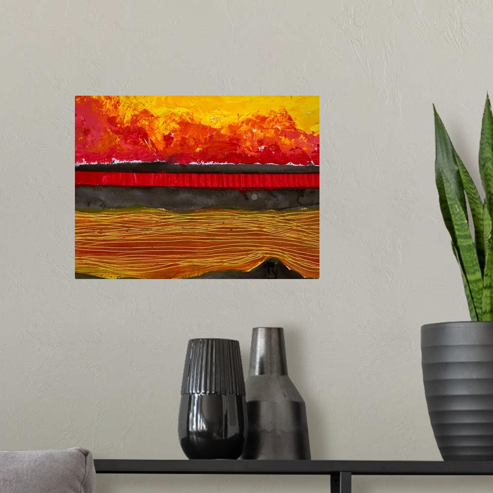 A modern room featuring Painting of a colourful sunset reflected in water and the horizon.