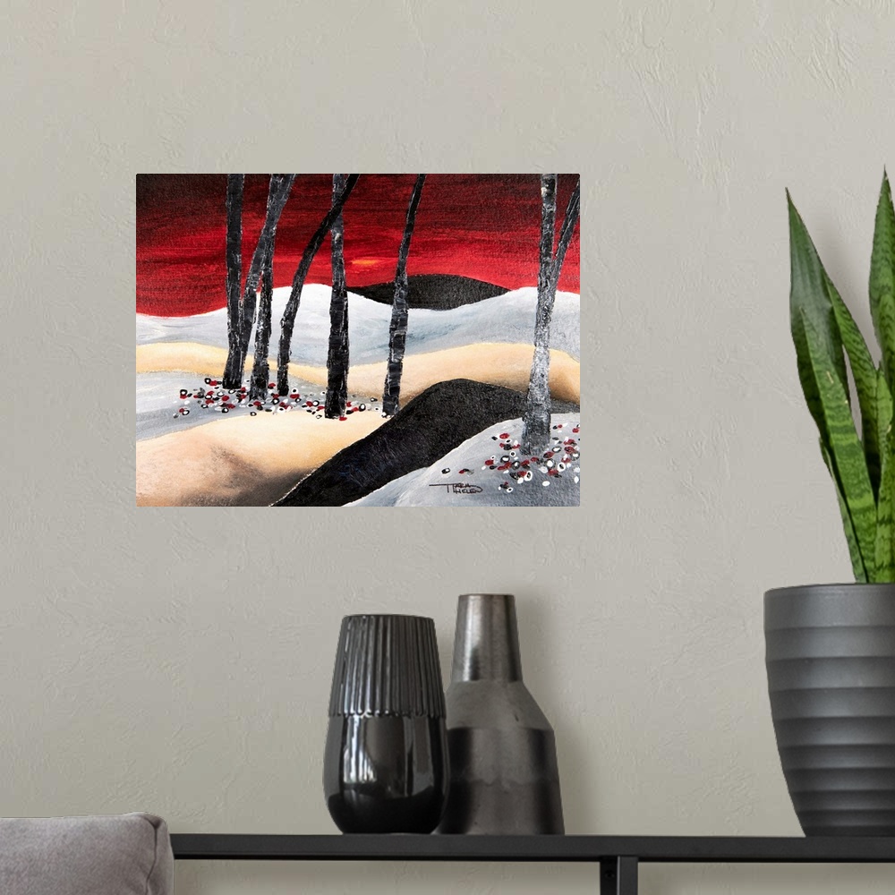 A modern room featuring Painting of a dramatic landscape with red sky