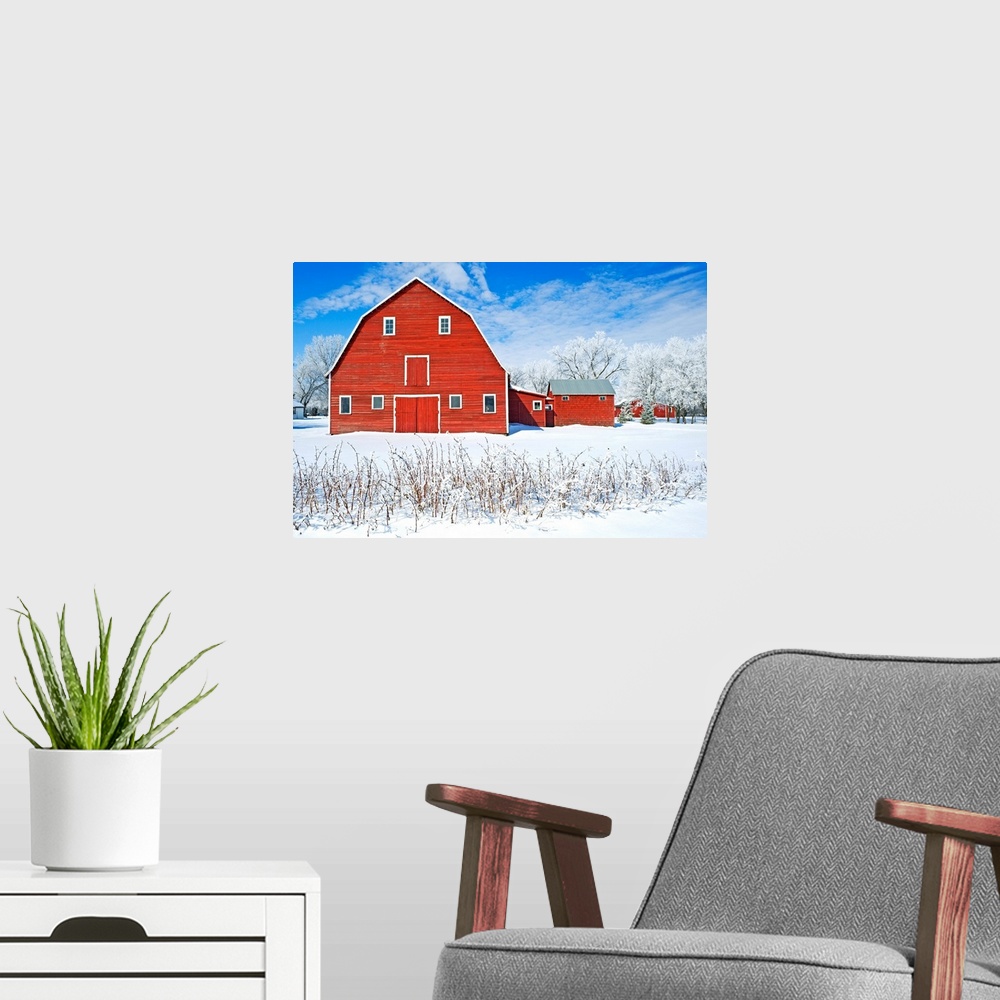 A modern room featuring Red Barn, Winter, Grande Pointe, Manitoba, Canada