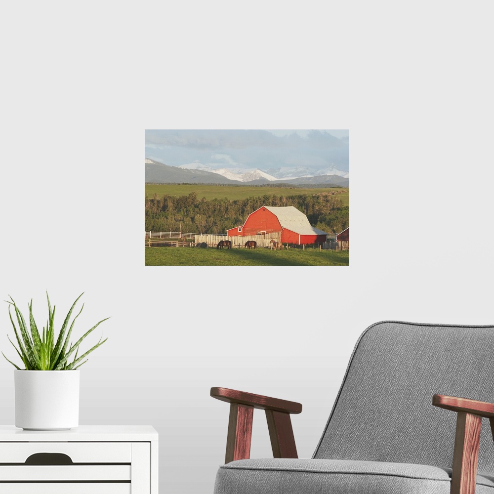 A modern room featuring Red Barn With Horses Grazing