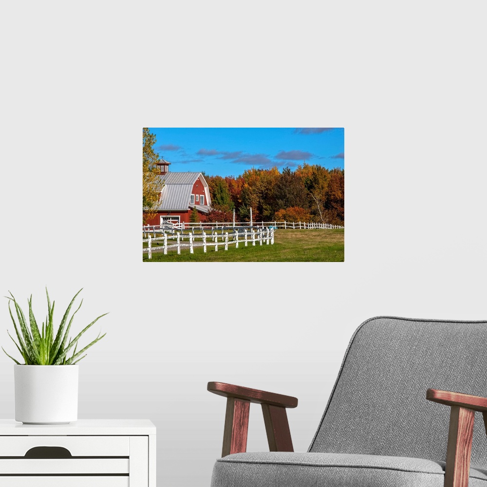 A modern room featuring Red barn with trees in autumn colours, Sutton, Quebec, Canada.