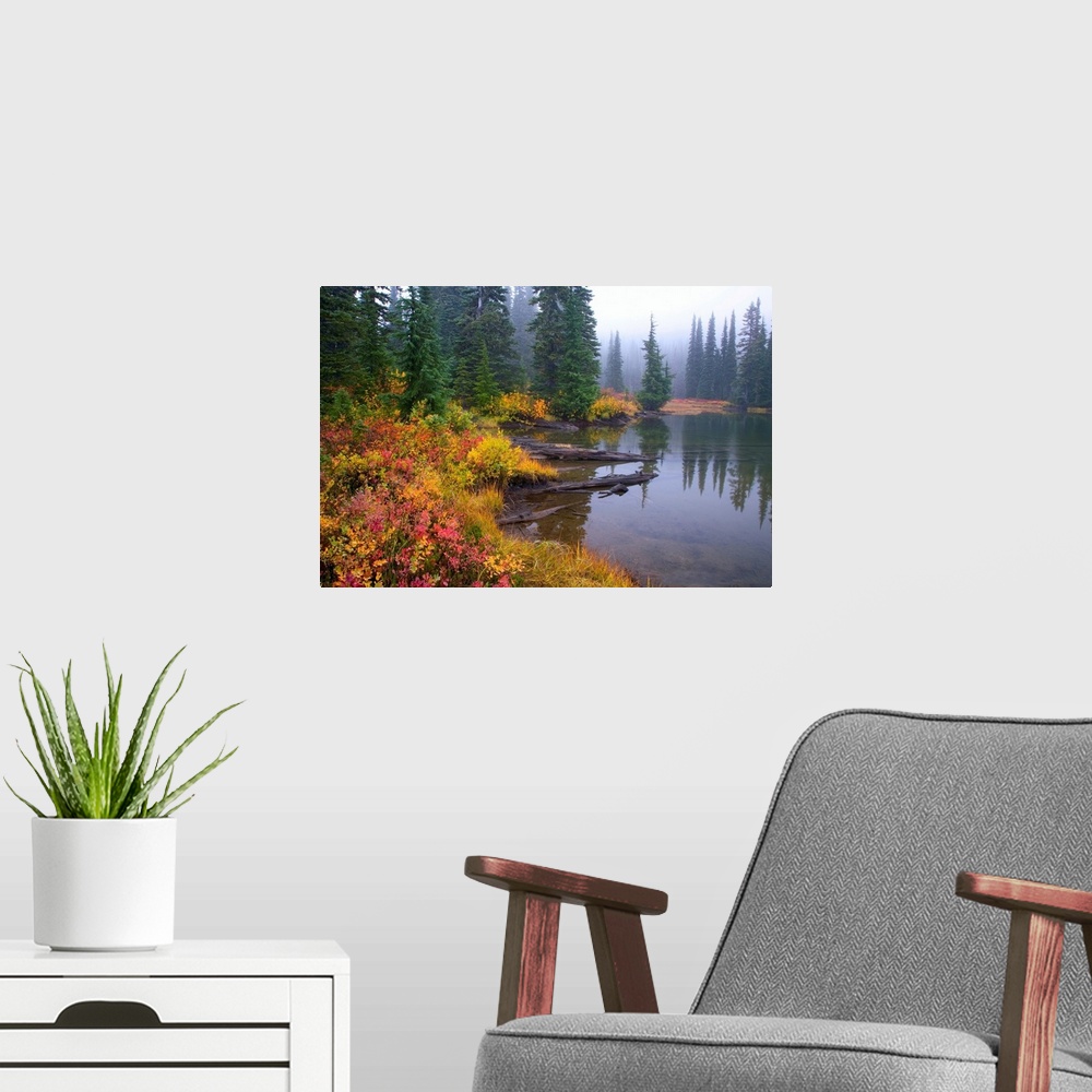 A modern room featuring Reflection On Lake In Autumn, Mount Rainier National Park, Washington, USA