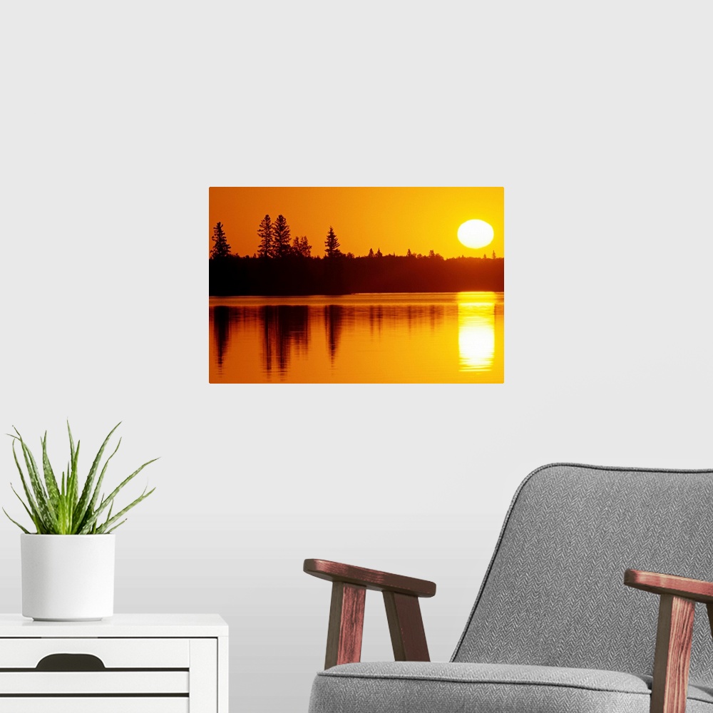 A modern room featuring Reflections On Jessica Lake At Sunrise, Whiteshell Provincial Park, Manitoba, Canada