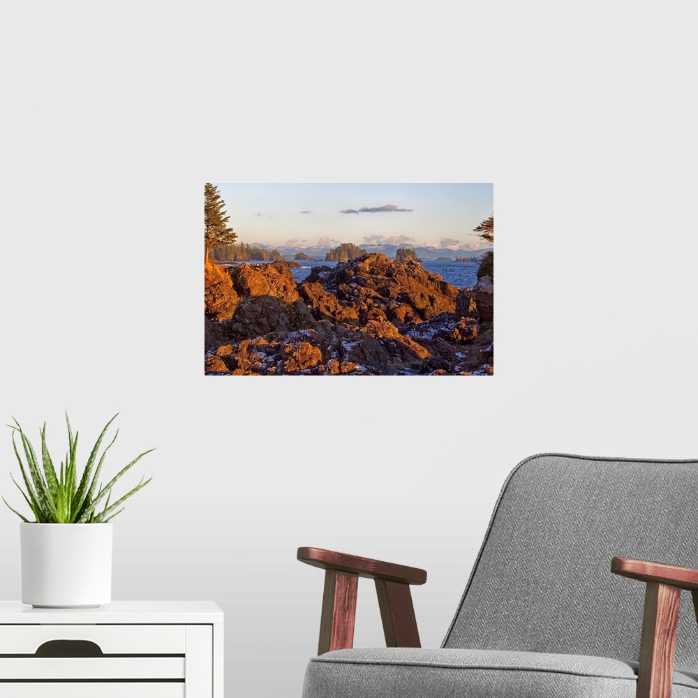 A modern room featuring Rocky Coastline With Snow, Ucluelet Vancouver Island, British Columbia, Canada