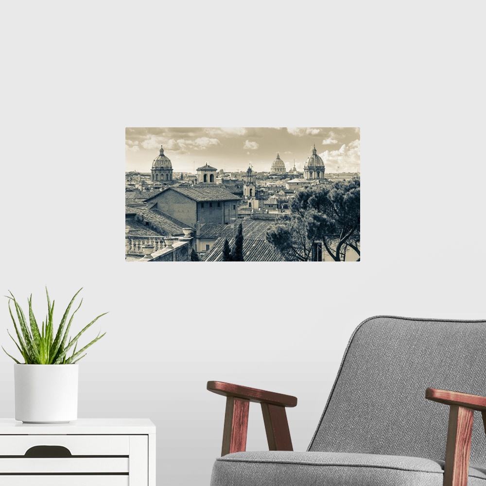 A modern room featuring Rome, Italy. Rooftops and domes. In the far distance is St. Peter's. The historic centre of Rome ...