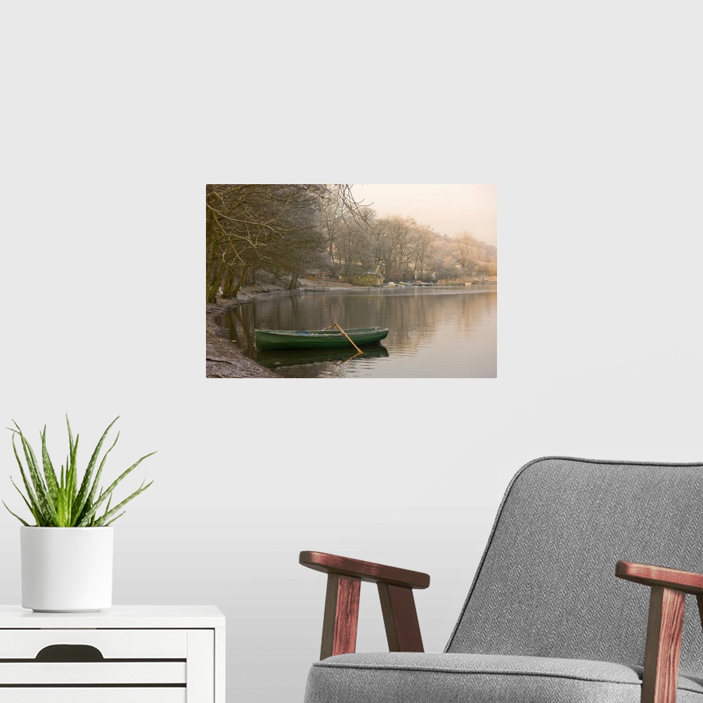 A modern room featuring Rowboat Sitting At The Shore Of A Lake, Cumbria, England