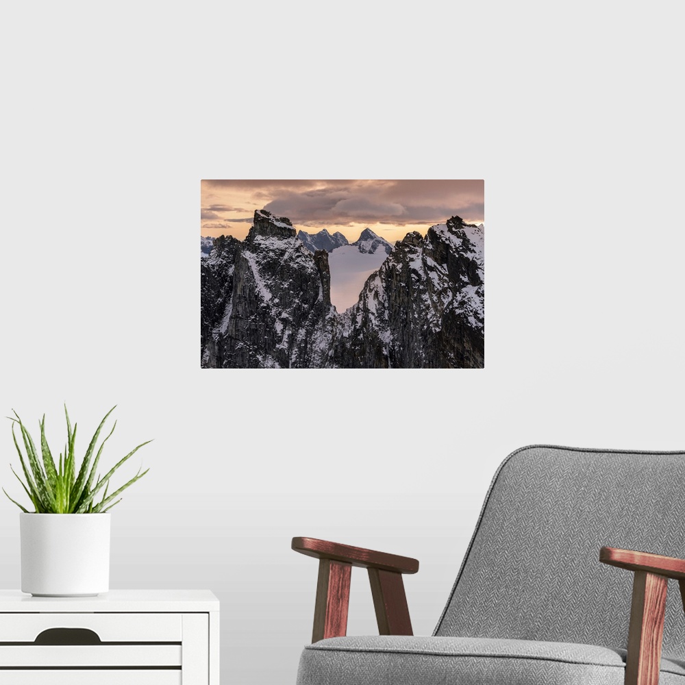 A modern room featuring Rugged peaks and snow-covered glaciers at sunset, Juneau icefield, Tongass national forest, Alask...