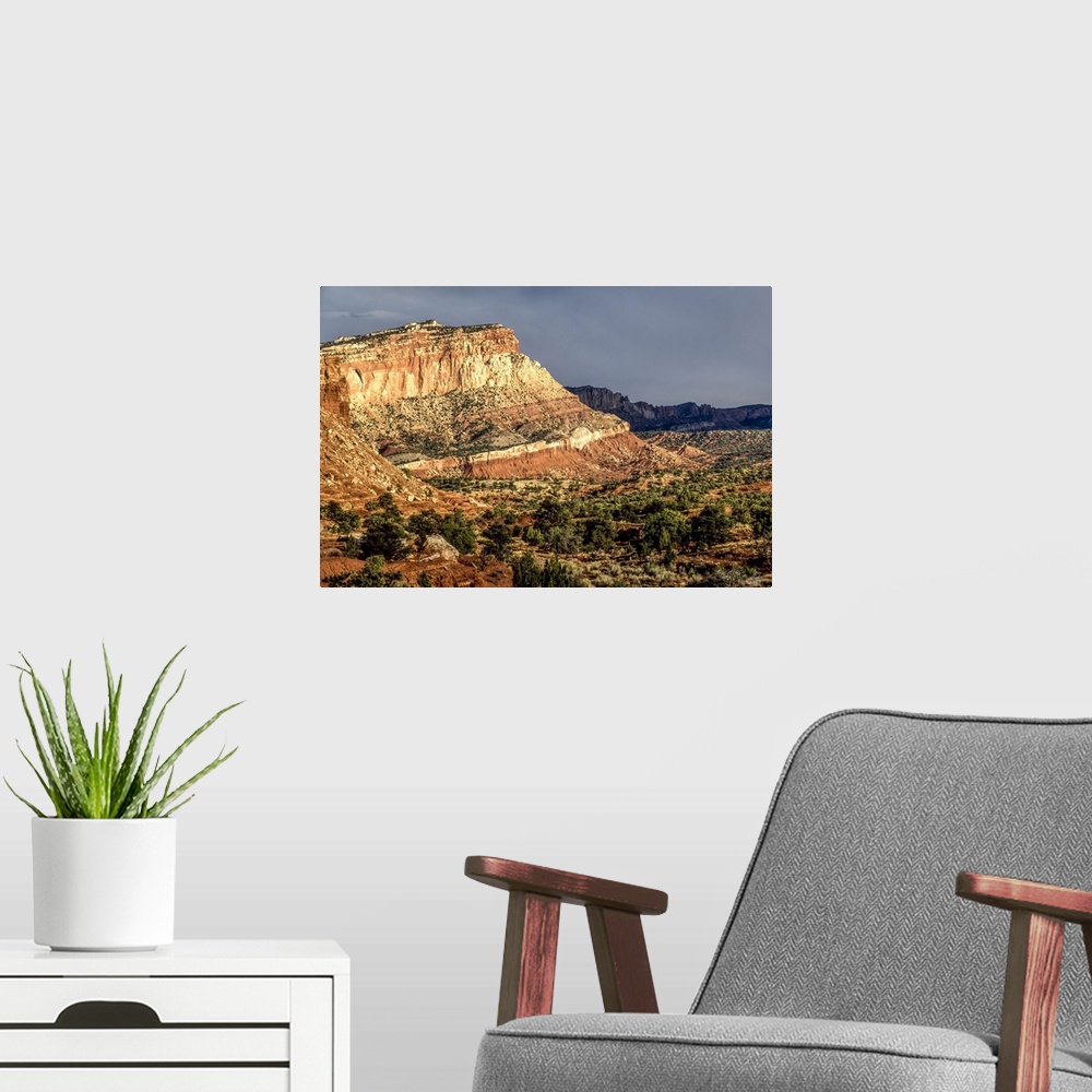 A modern room featuring Sandstone rock formations along the valley covered in juniper trees (Juniper scopulorum) in Capit...