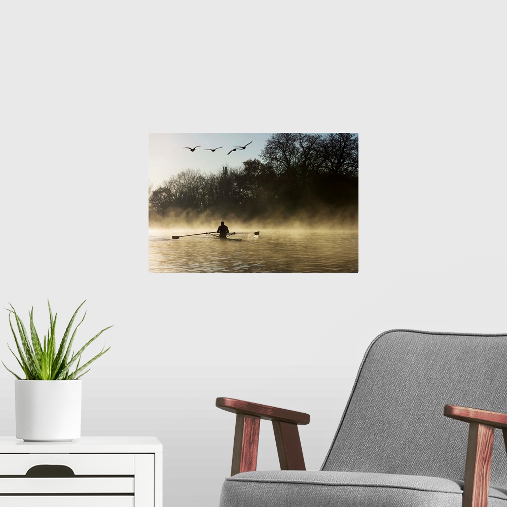 A modern room featuring Sculling in mist on River Thames, London, England